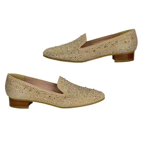 Stuart Weitzman Slipbeads Studded Gold ASO Hart of Dixie Heel Loafers 8.5 FLAW - Picture 2 of 12